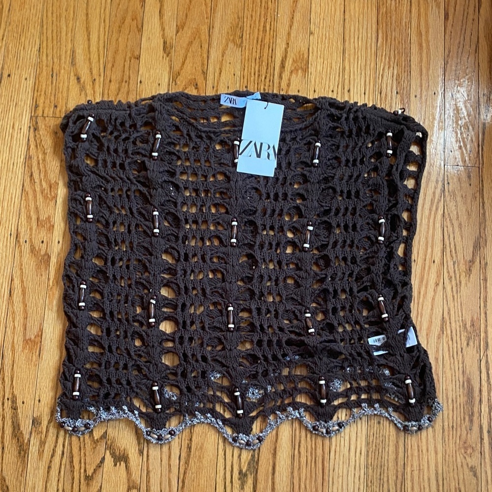 Zara Dark Brown Crochet Open-Knit Top with Bead Detail
